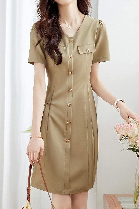 Women’s Asymmetrical Pleated Mini Dress – V Neck Smart Casual Dress