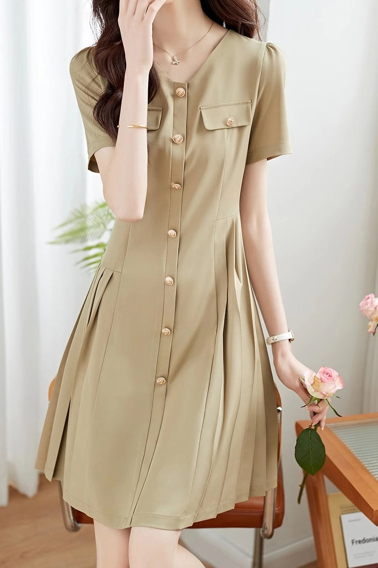 Women’s Asymmetrical Pleated Mini Dress – V Neck Smart Casual Dress