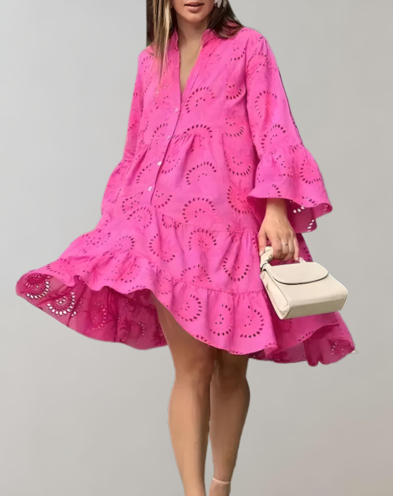 Chic V-Neck Embroidered Dress with Bell Sleeves for Ultimate Comfort