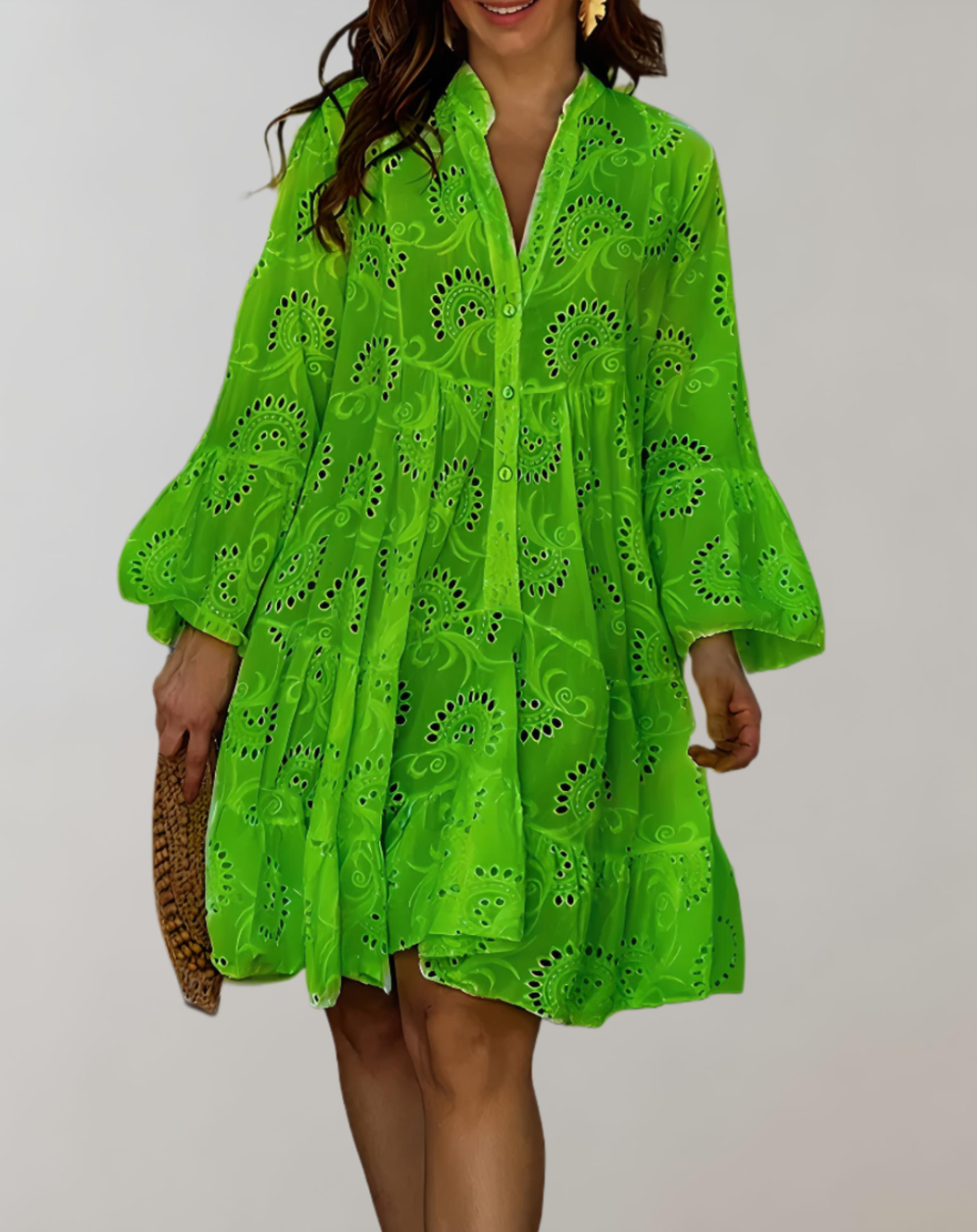 Chic V-Neck Embroidered Dress with Bell Sleeves for Ultimate Comfort