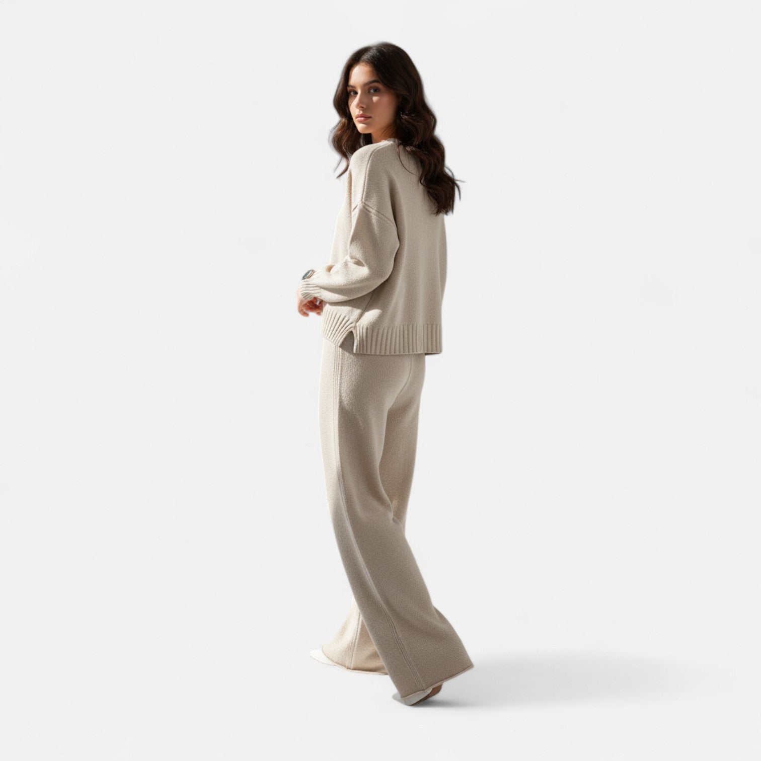 Women’s Knit Two-Piece Set – Soft Cozy Sweater & Wide-Leg Trousers