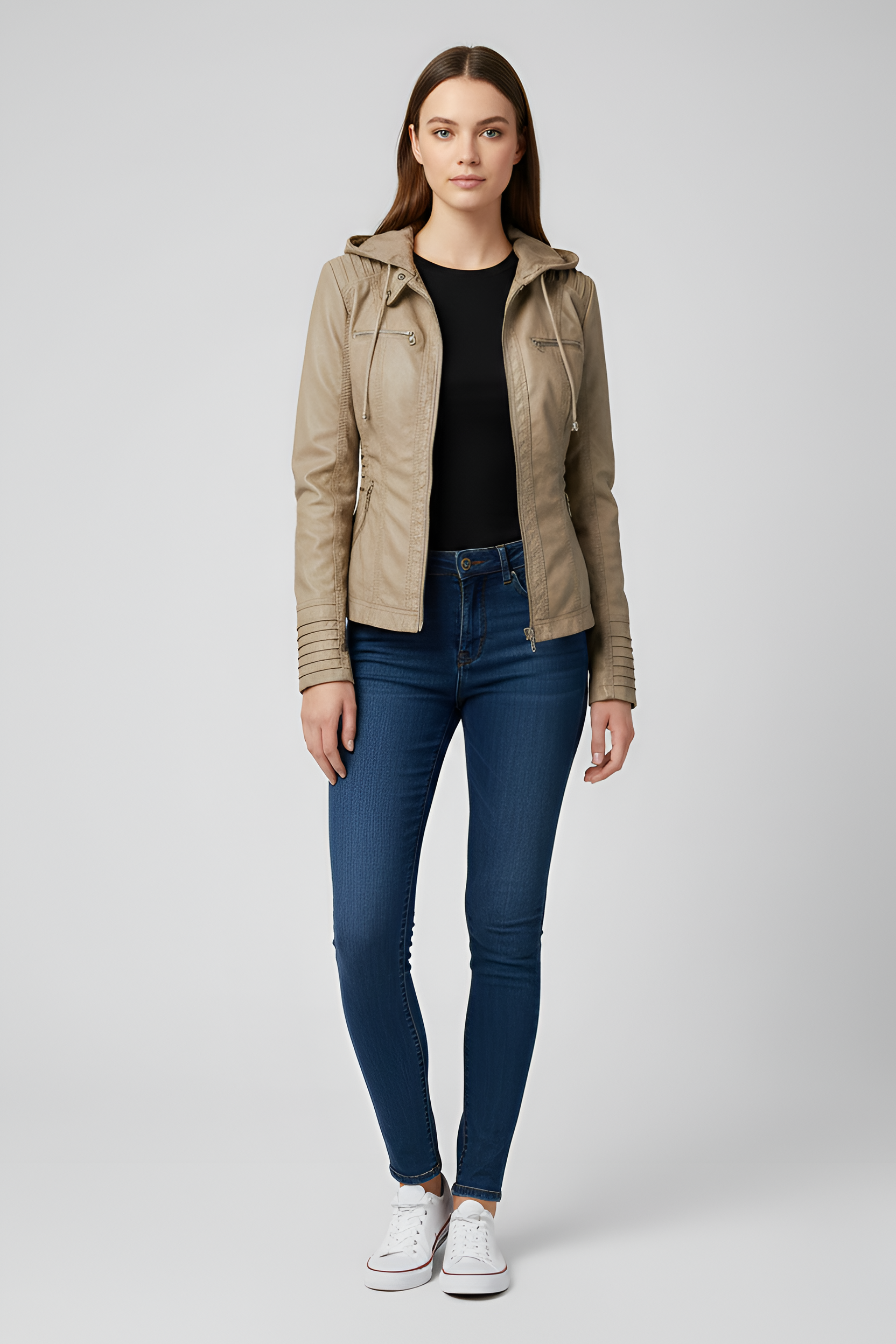 Women's faux leather jacket with hood