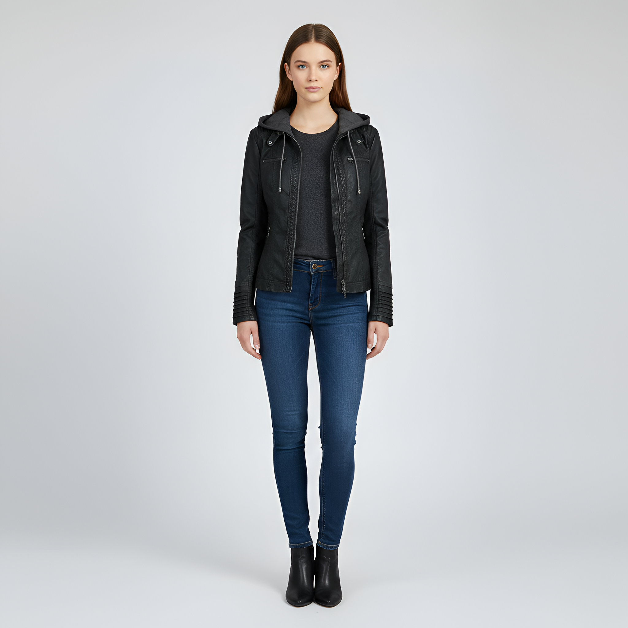 Women's faux leather jacket with hood