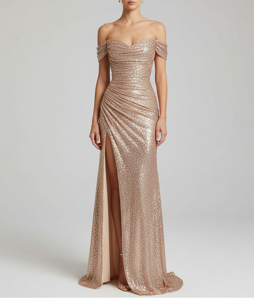 Elegant maxi evening dress with sequins and side slit
