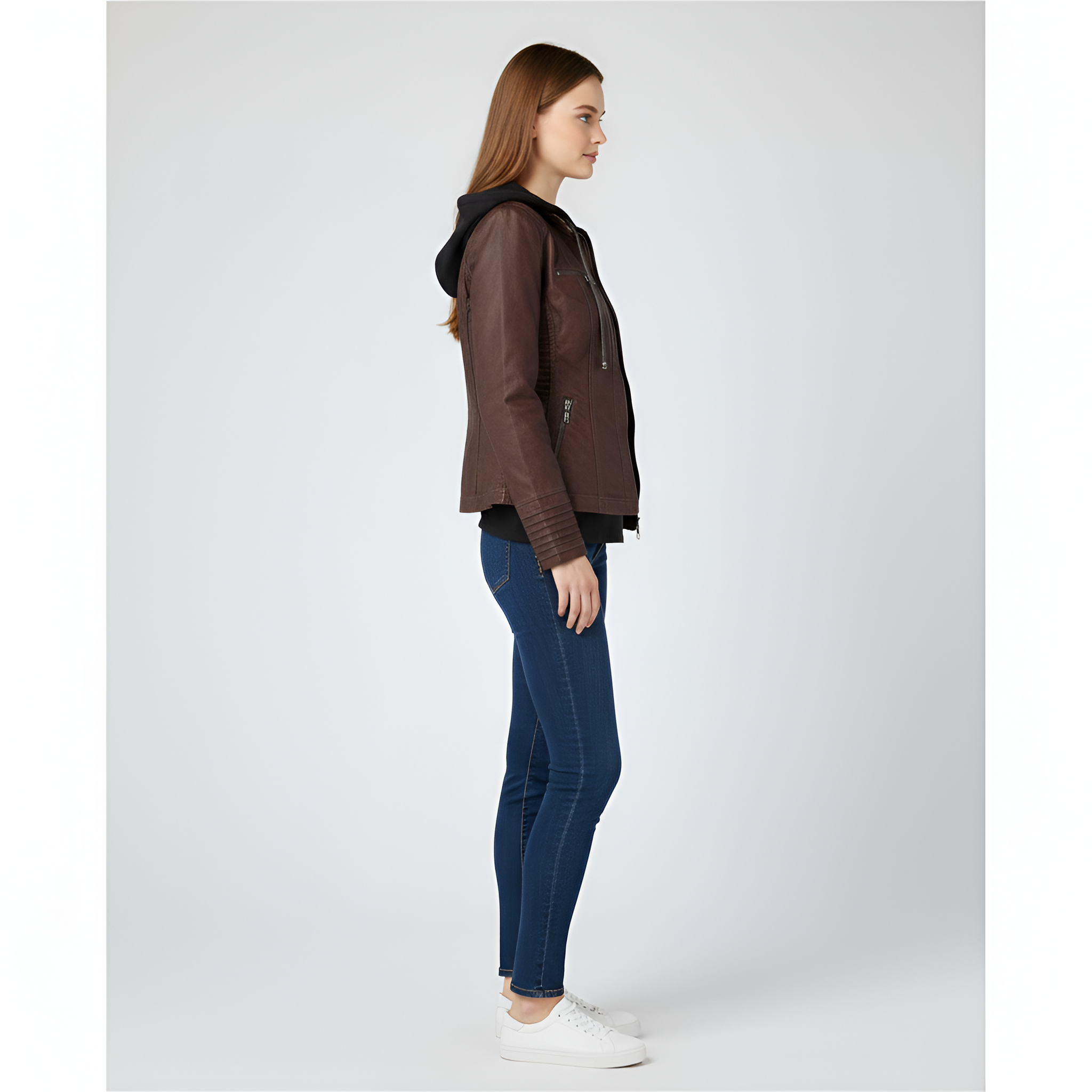 Women's faux leather jacket with hood