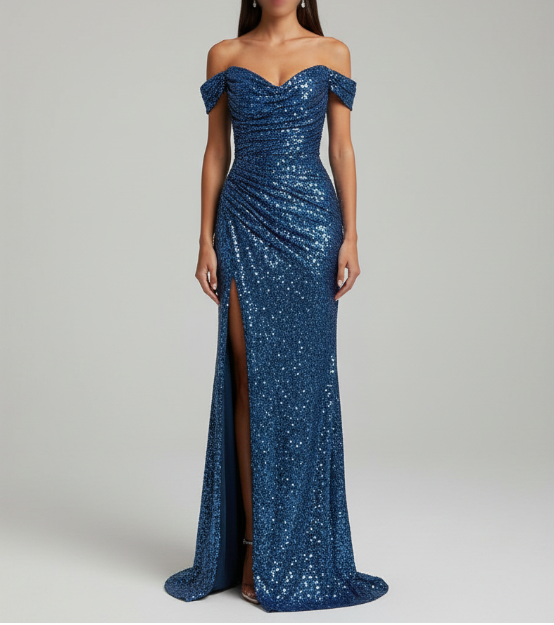 Elegant maxi evening dress with sequins and side slit