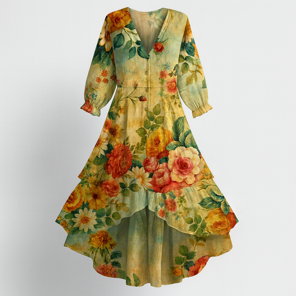 Greta - Vintage Boho Floral V-Neck Dress