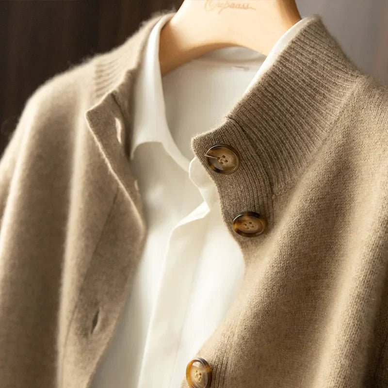 Women’s Button Cardigan – Soft Polyester Knit with Half-High Neck