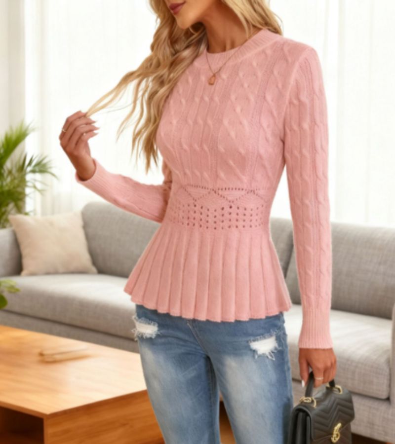 Women’s Fitted Knit Sweater – Classic Crew Neck Pullover with Textured Design