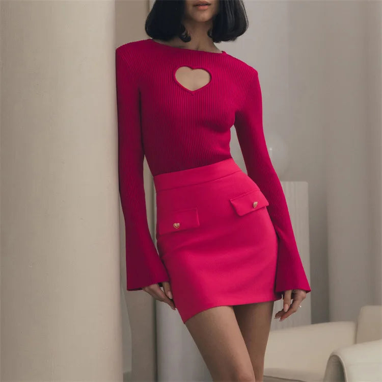 Women’s Ribbed Heart Cut-Out Top – Slim Fit Polyester Knit with Flared Sleeves