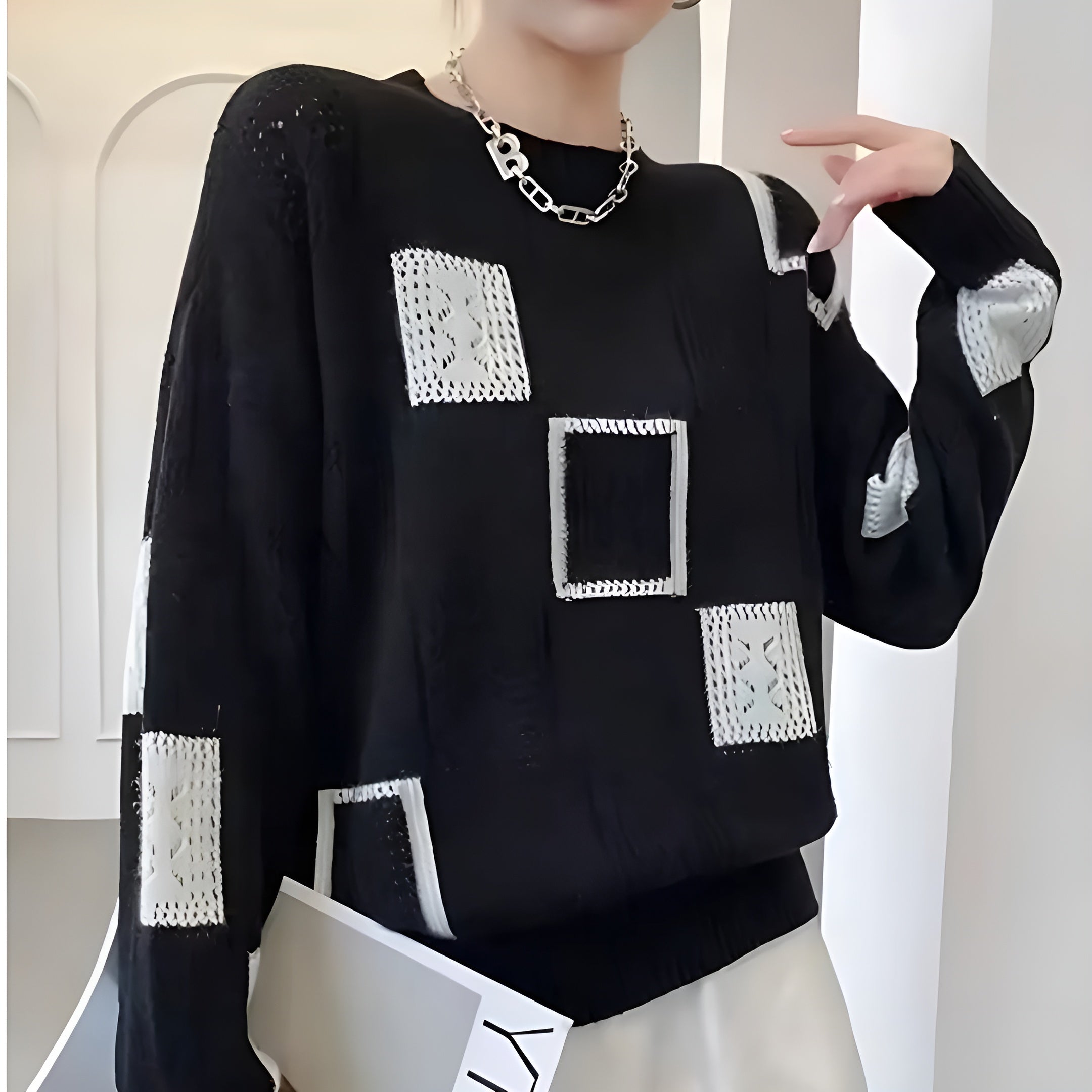 Women’s Geometric Knit Sweater – Relaxed Fit Soft Knit Top for Everyday Wear