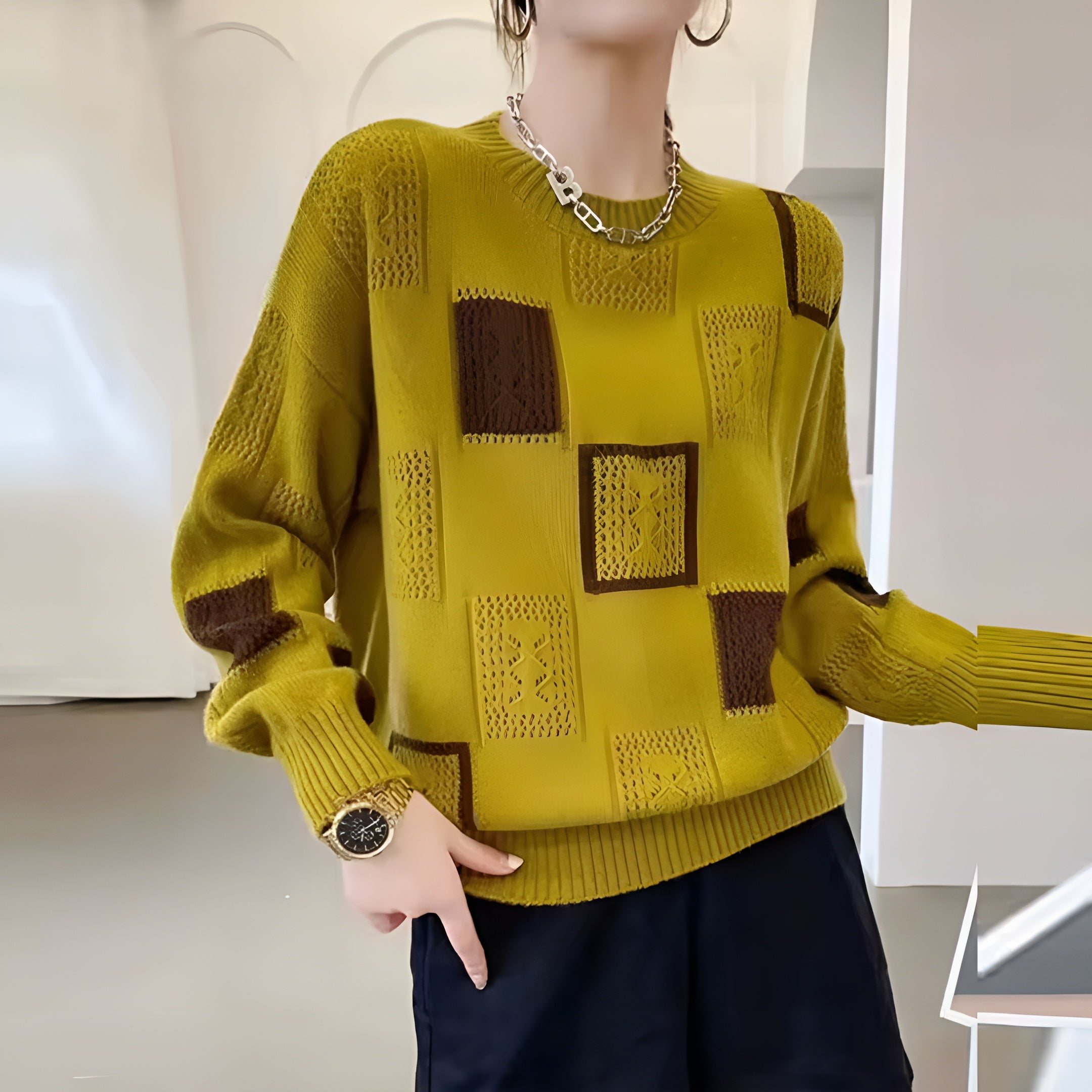 Women’s Geometric Knit Sweater – Relaxed Fit Soft Knit Top for Everyday Wear