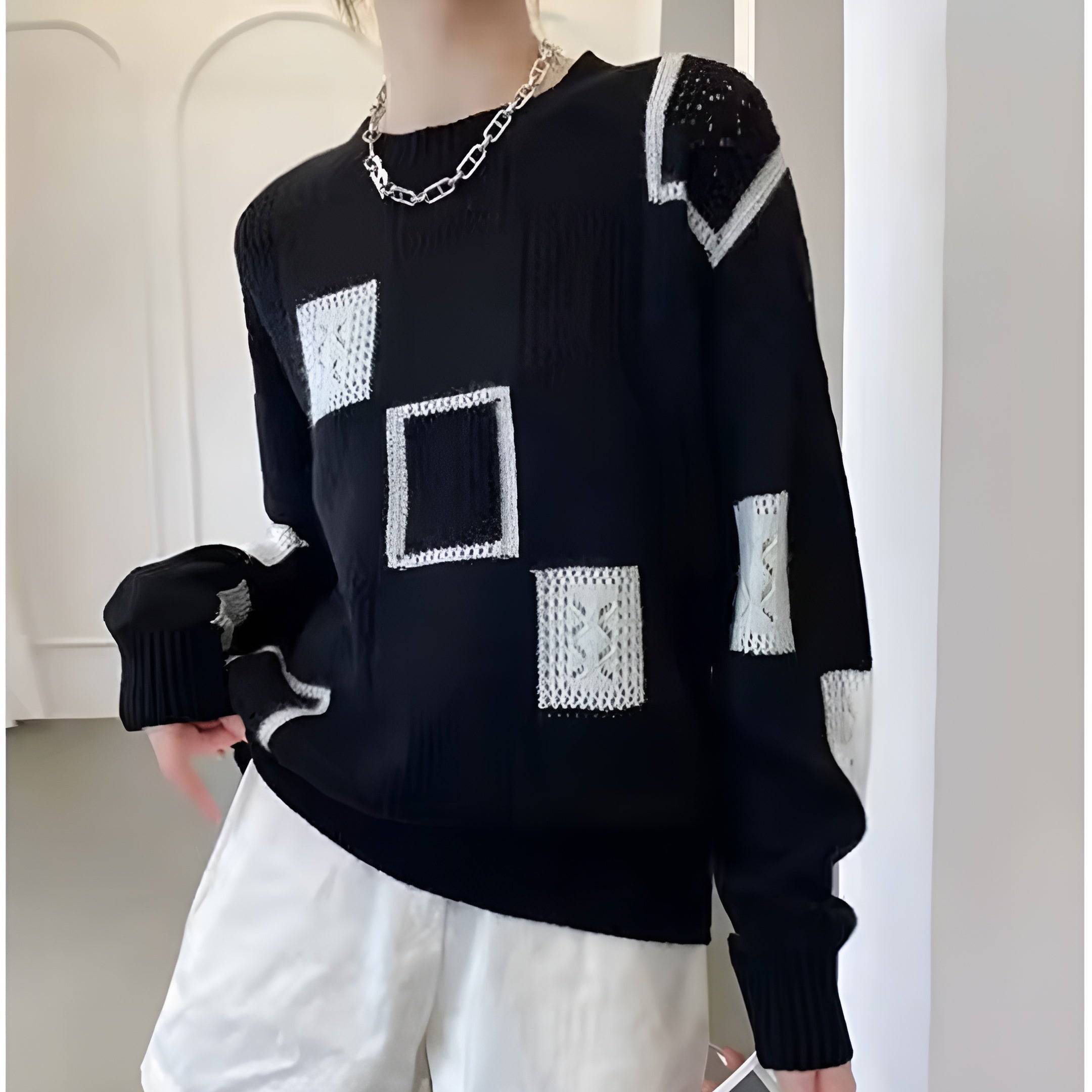 Women’s Geometric Knit Sweater – Relaxed Fit Soft Knit Top for Everyday Wear