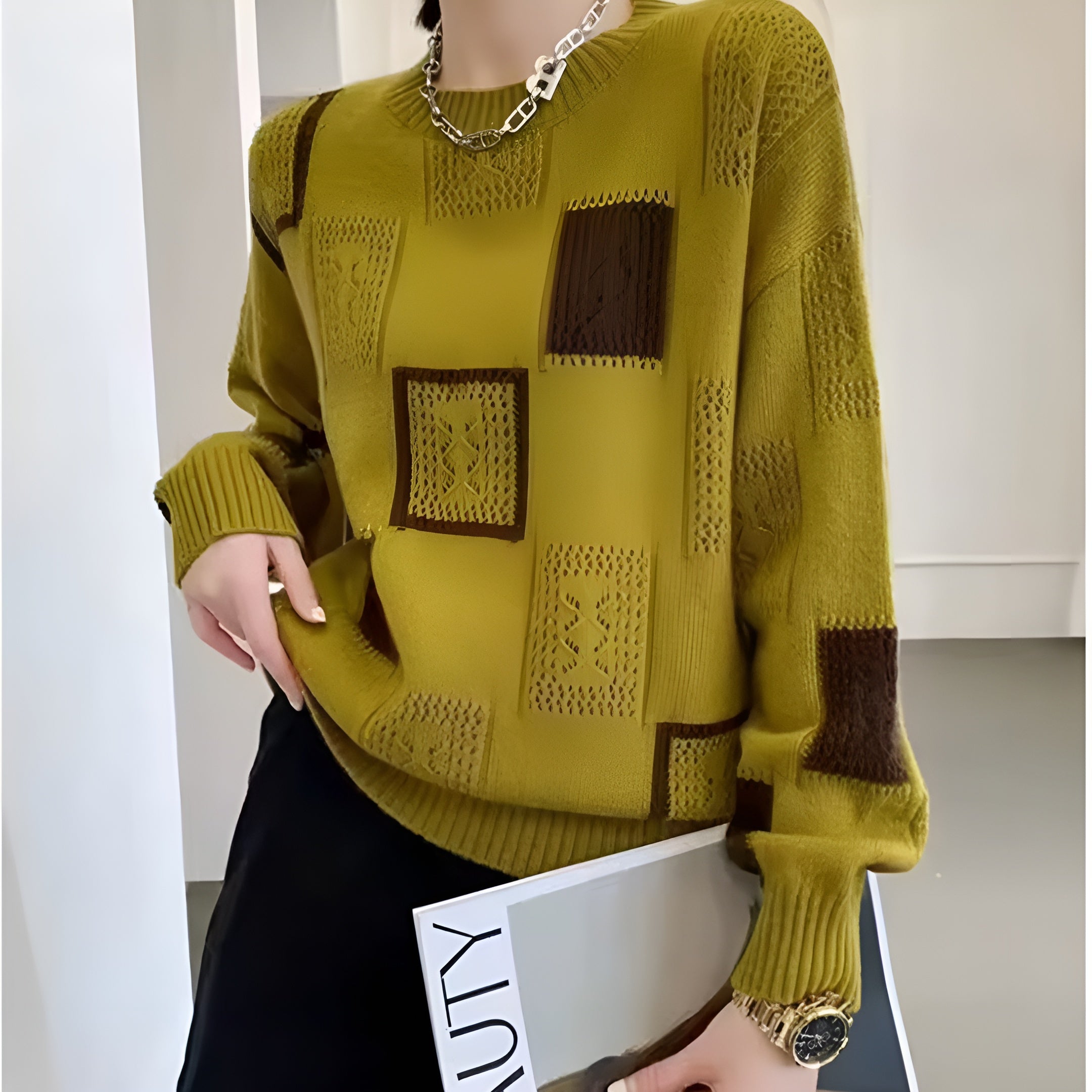 Women’s Geometric Knit Sweater – Relaxed Fit Soft Knit Top for Everyday Wear
