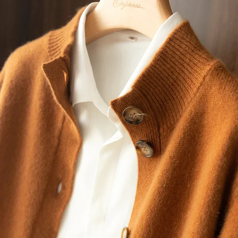 Women’s Button Cardigan – Soft Polyester Knit with Half-High Neck