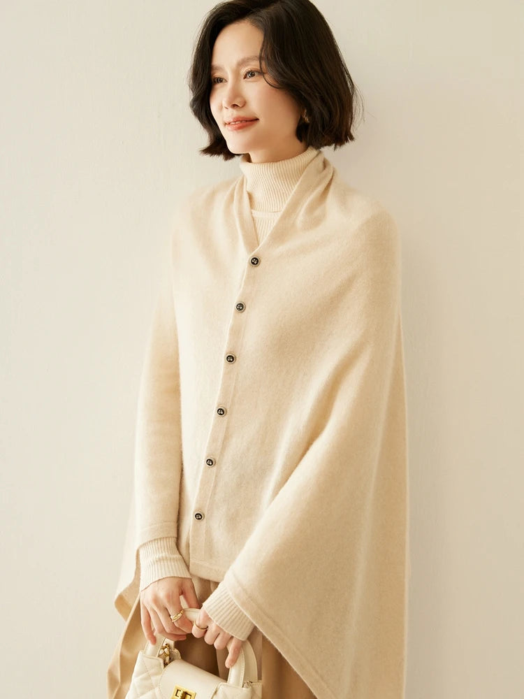 Cashmere Blend Button Wrap Shawl – Soft 35% Cashmere & 65% Wool Layering Piece