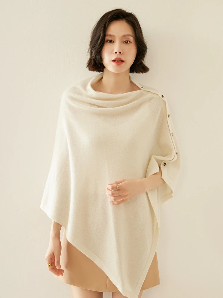 Cashmere Blend Button Wrap Shawl – Soft 35% Cashmere & 65% Wool Layering Piece