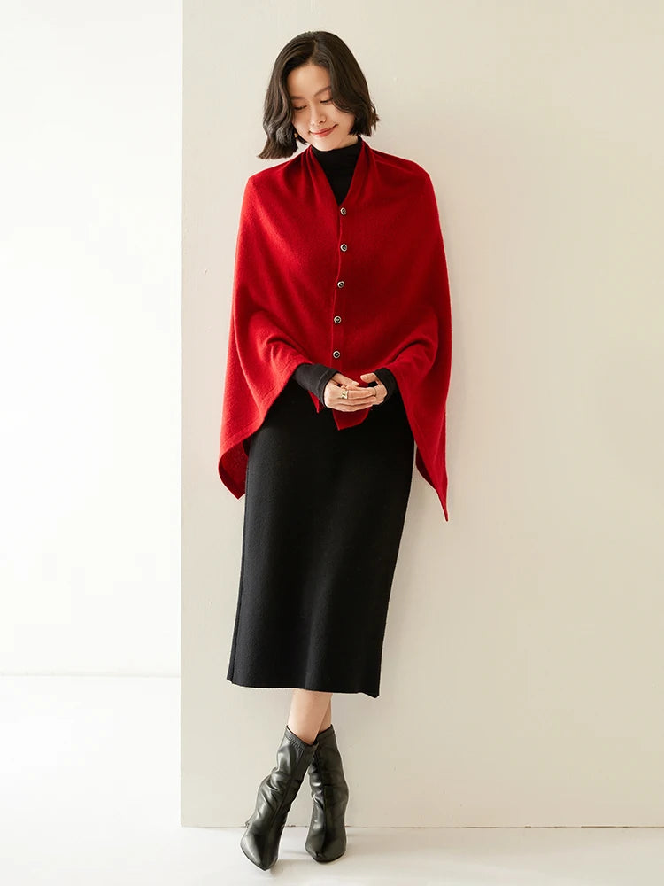 Cashmere Blend Button Wrap Shawl – Soft 35% Cashmere & 65% Wool Layering Piece