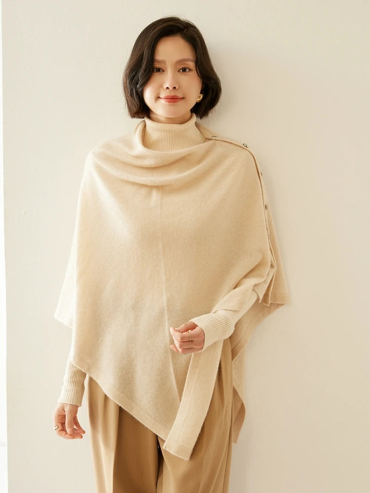 Cashmere Blend Button Wrap Shawl – Soft 35% Cashmere & 65% Wool Layering Piece
