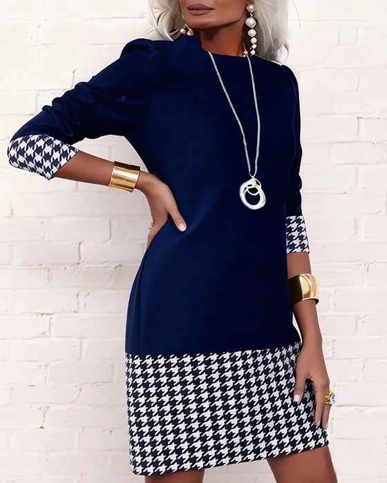 Women’s Houndstooth Shift Dress – Long Sleeve Polyester Smart Casual Dress