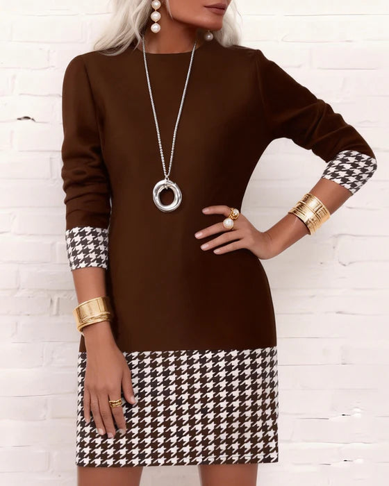 Women’s Houndstooth Shift Dress – Long Sleeve Polyester Smart Casual Dress