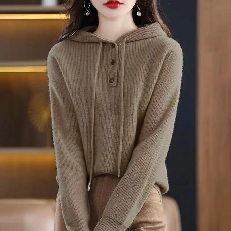 Women’s Hooded Cardigan – Soft Polyester Knit V-Neck Hoodie with Button Front