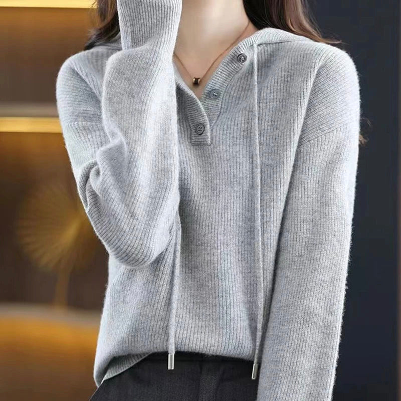 Women’s Hooded Cardigan – Soft Polyester Knit V-Neck Hoodie with Button Front