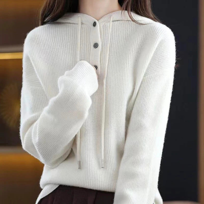 Women’s Hooded Cardigan – Soft Polyester Knit V-Neck Hoodie with Button Front