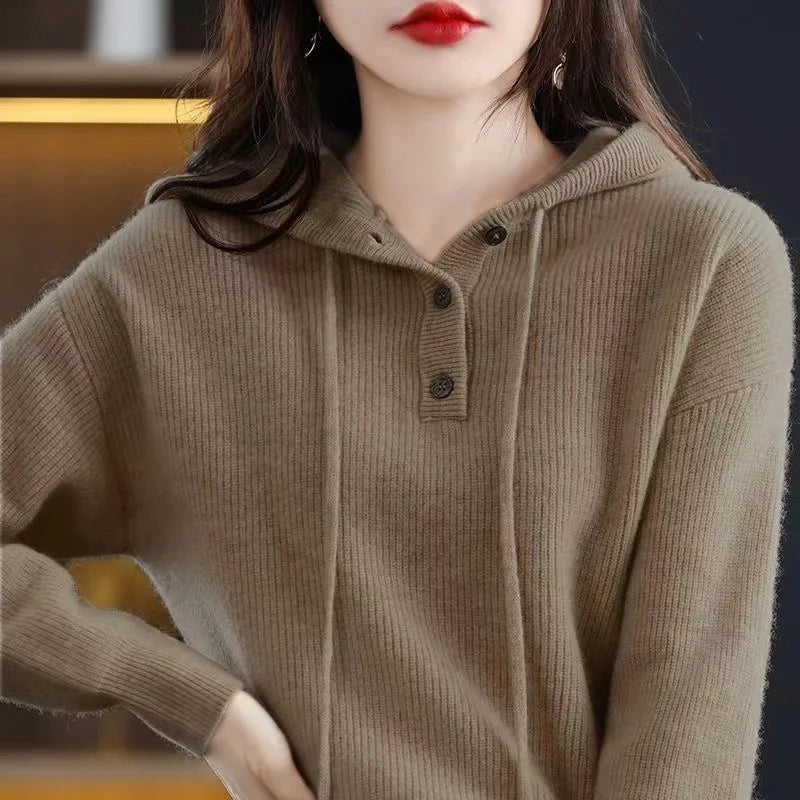 Women’s Hooded Cardigan – Soft Polyester Knit V-Neck Hoodie with Button Front