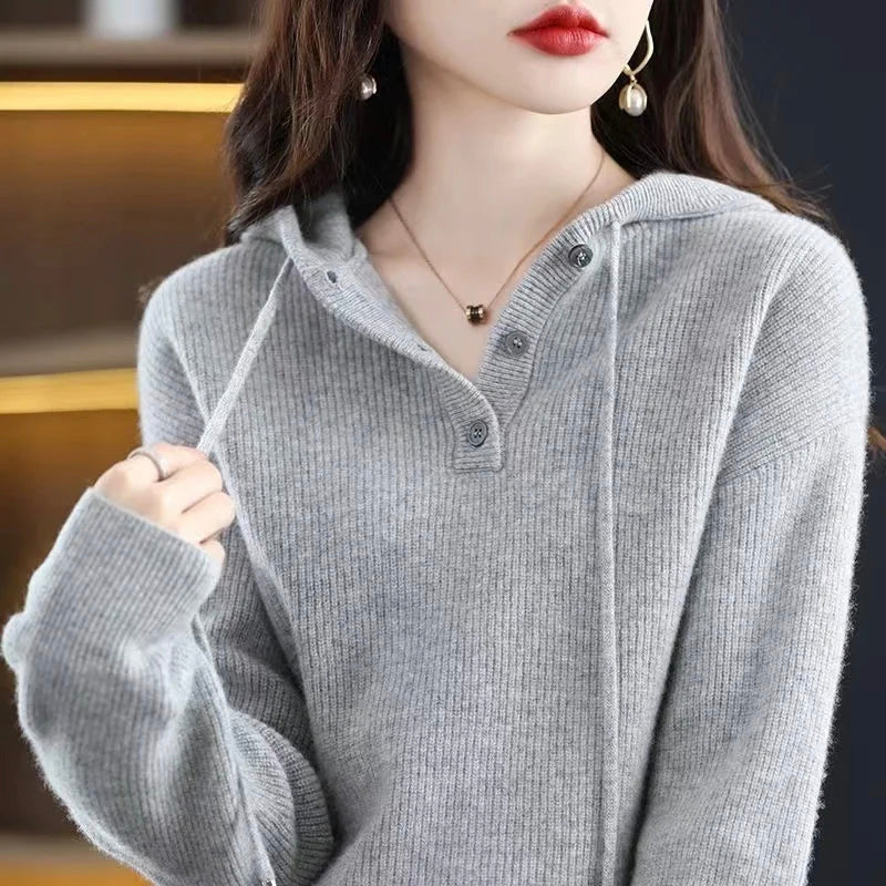 Women’s Hooded Cardigan – Soft Polyester Knit V-Neck Hoodie with Button Front