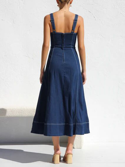 Denim-Strap Casual Midi Dress with Button-Up Front