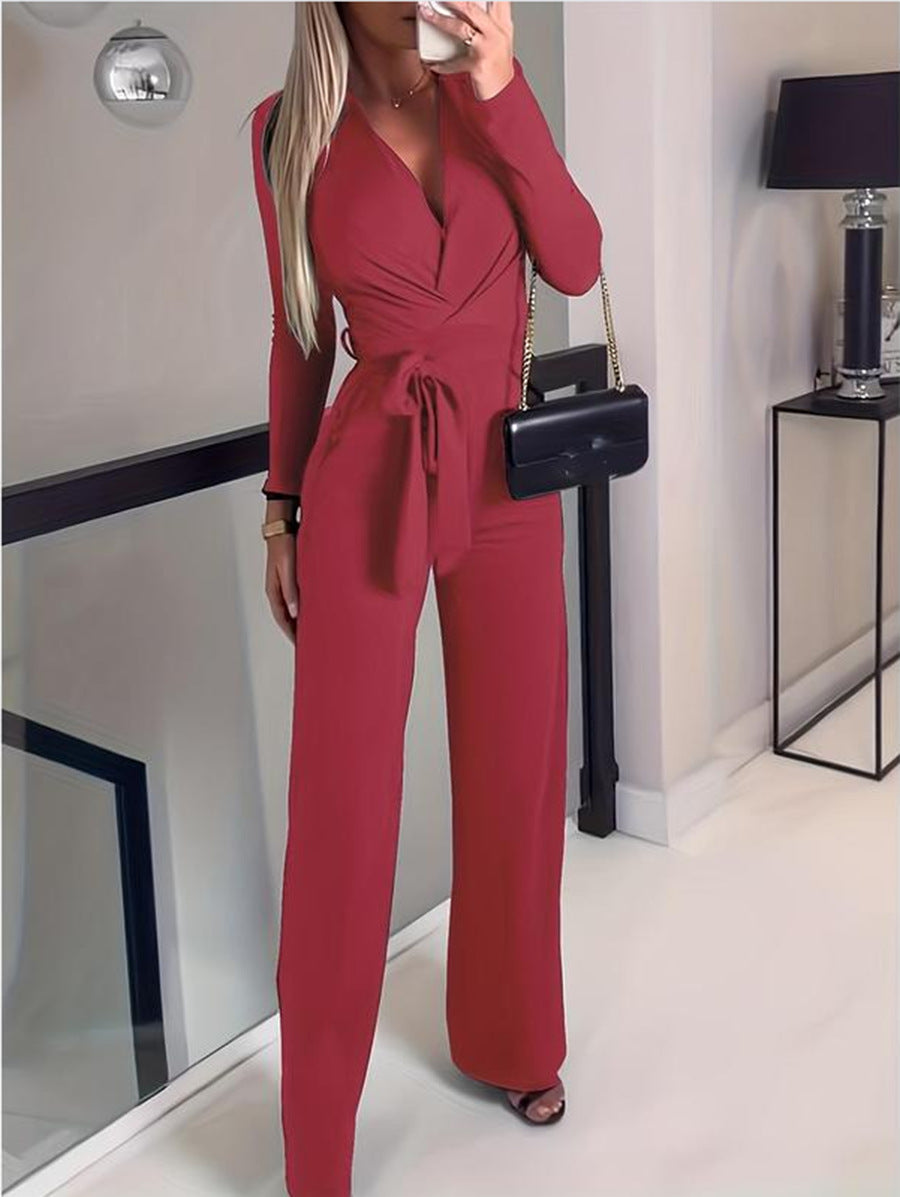 Jennive | Women’s Wrap V-Neck Wide-Leg Jumpsuit