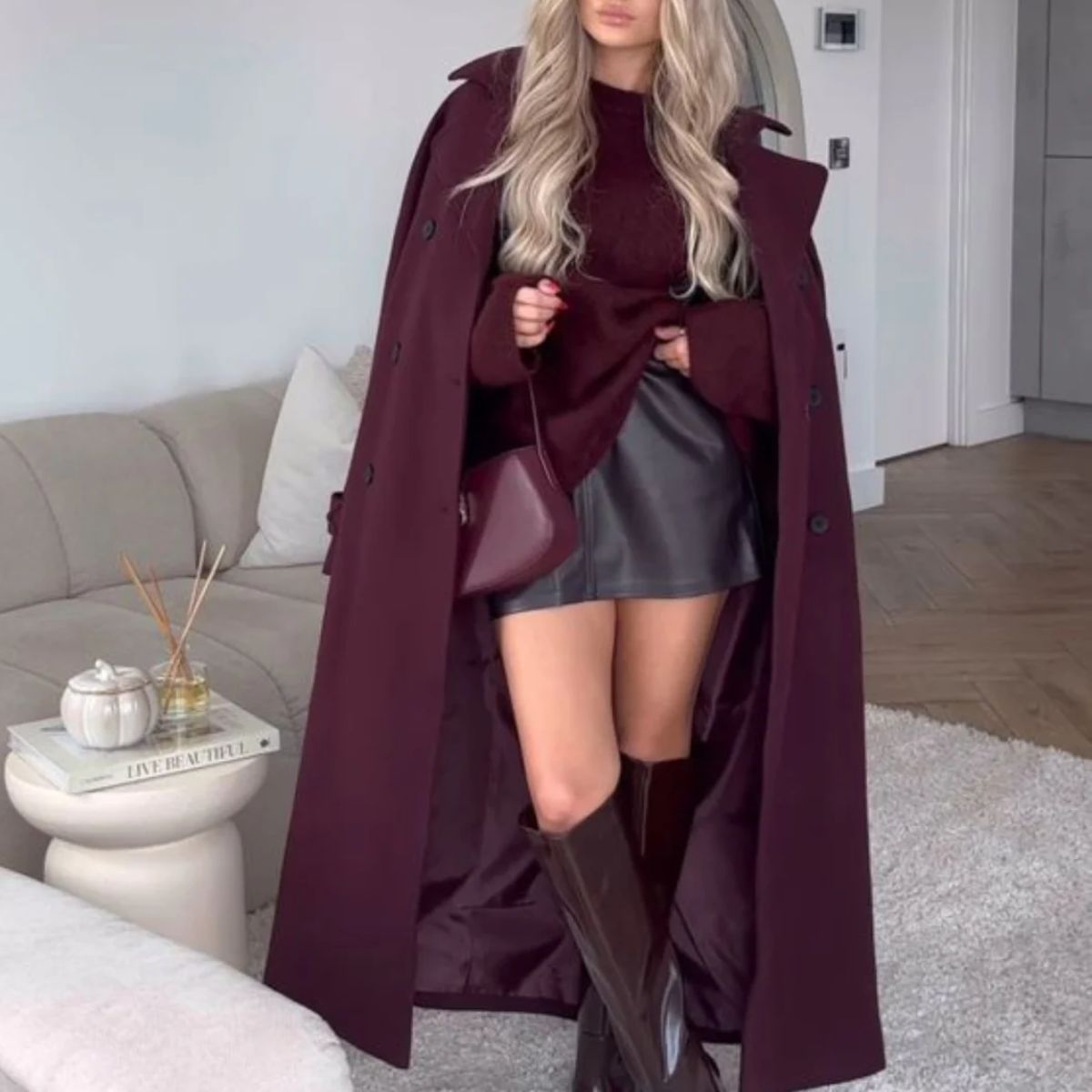 Jhoana | Women’s Elegant Bordeaux Trench Coat with Belt