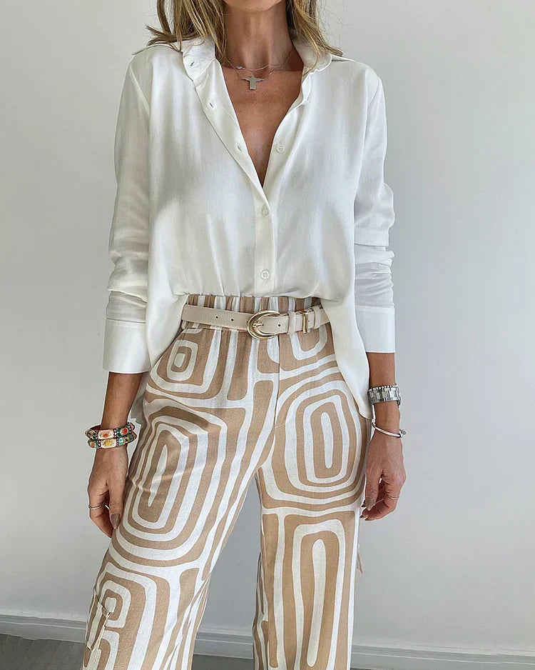 Women’s Wide Leg Trouser Set – Long Sleeve Blouse &amp; Elastic Waist Trousers