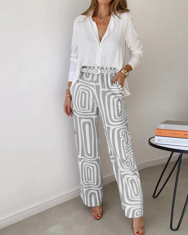 Women’s Wide Leg Trouser Set – Long Sleeve Blouse &amp; Elastic Waist Trousers