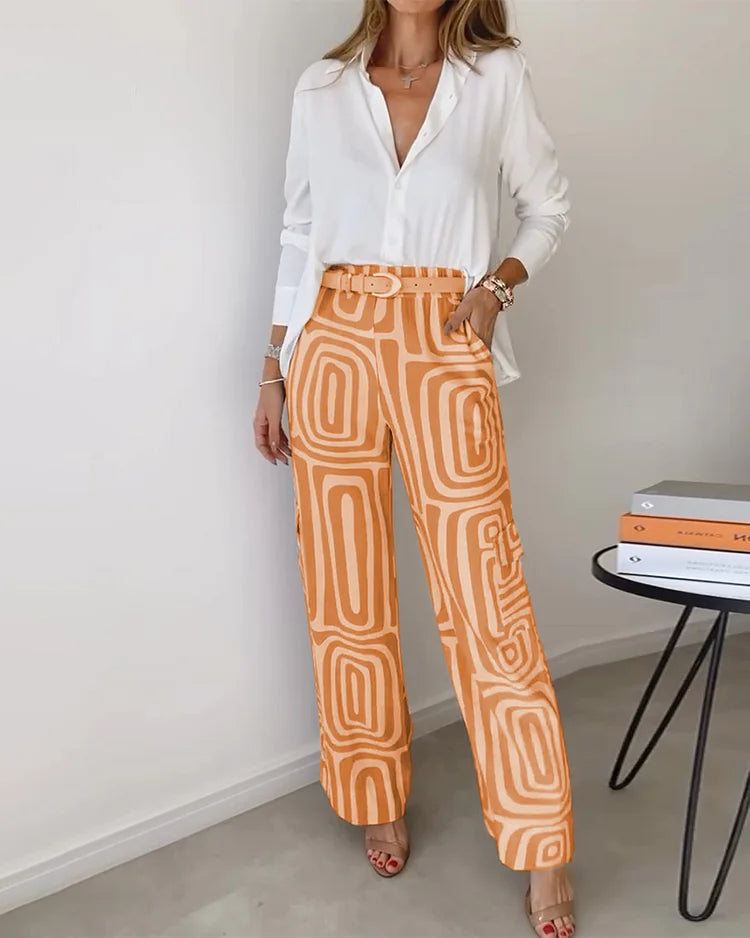 Women’s Wide Leg Trouser Set – Long Sleeve Blouse &amp; Elastic Waist Trousers