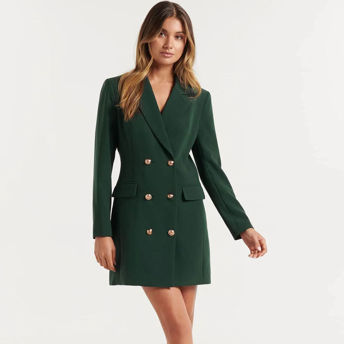 Women’s Double Breasted Blazer Dress – Tailored Mini with Gold Buttons