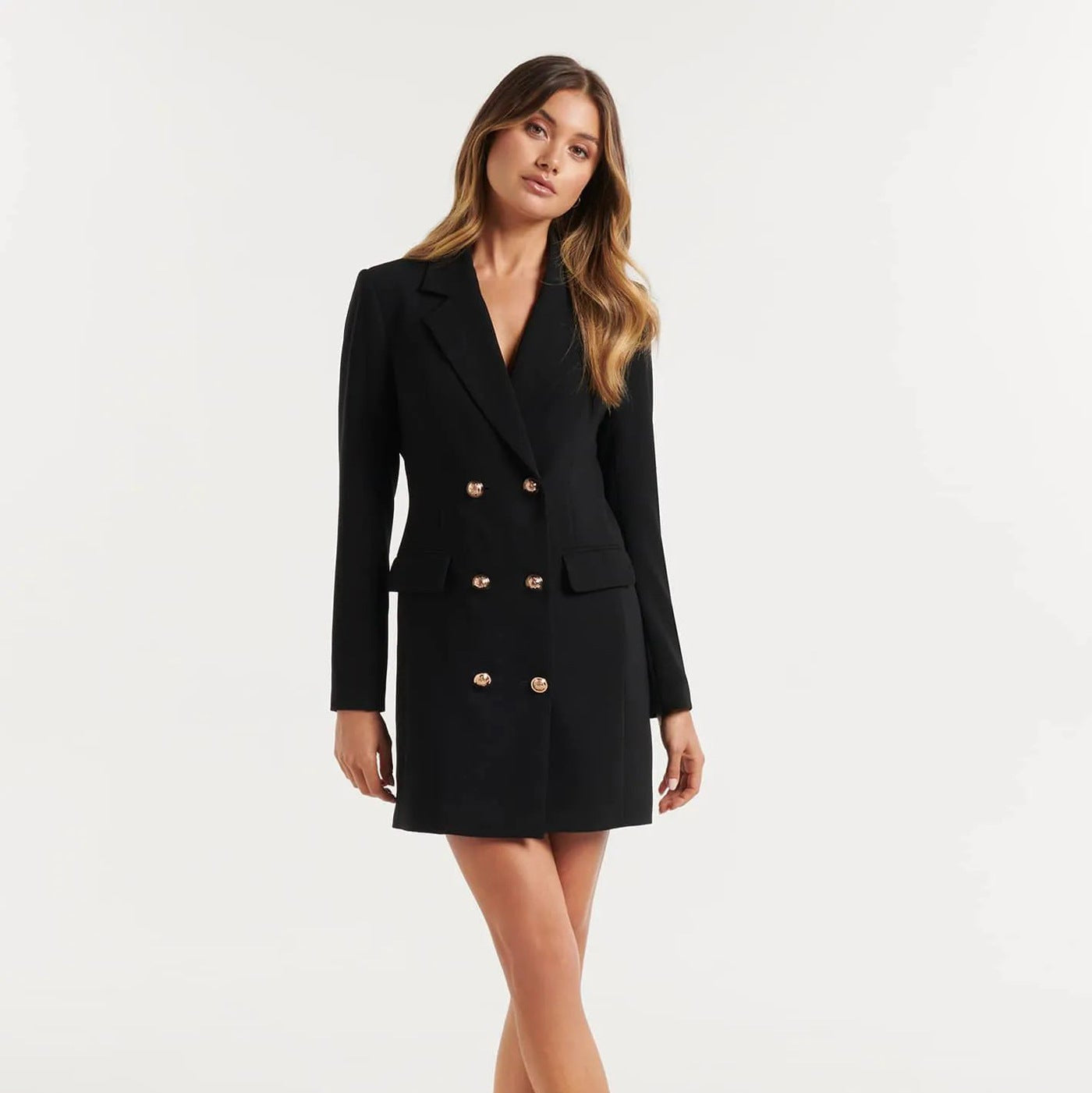 Women’s Double Breasted Blazer Dress – Tailored Mini with Gold Buttons