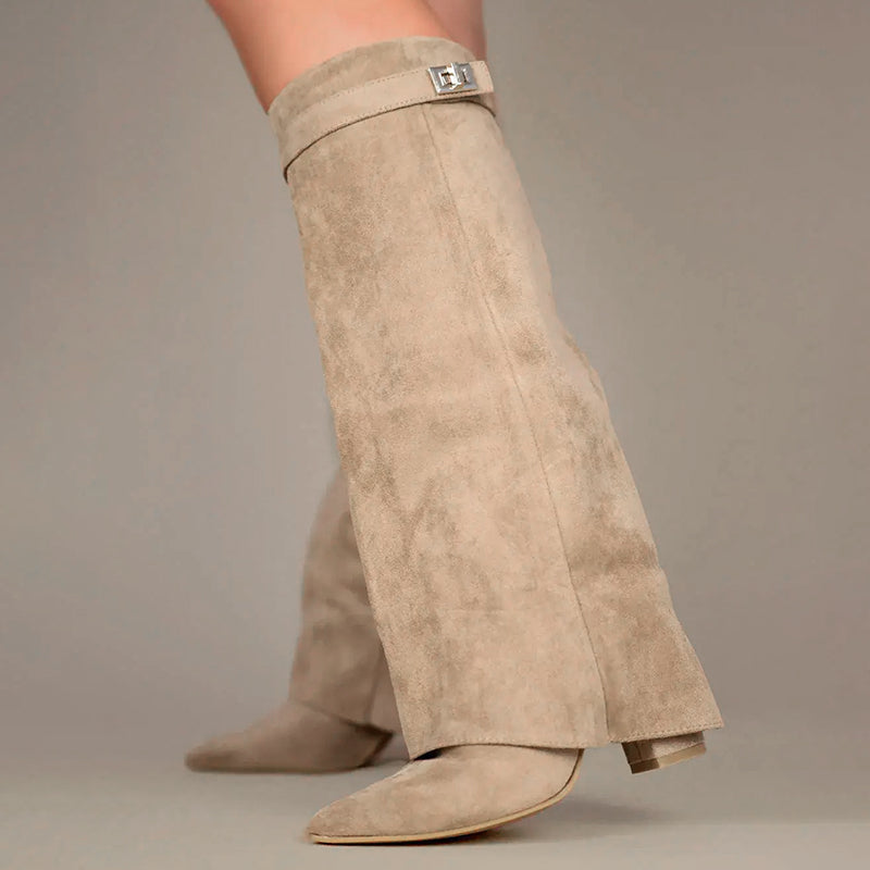 Knee-High Suede Boots for Women with Fold-Over Cuff and Chunky Heels