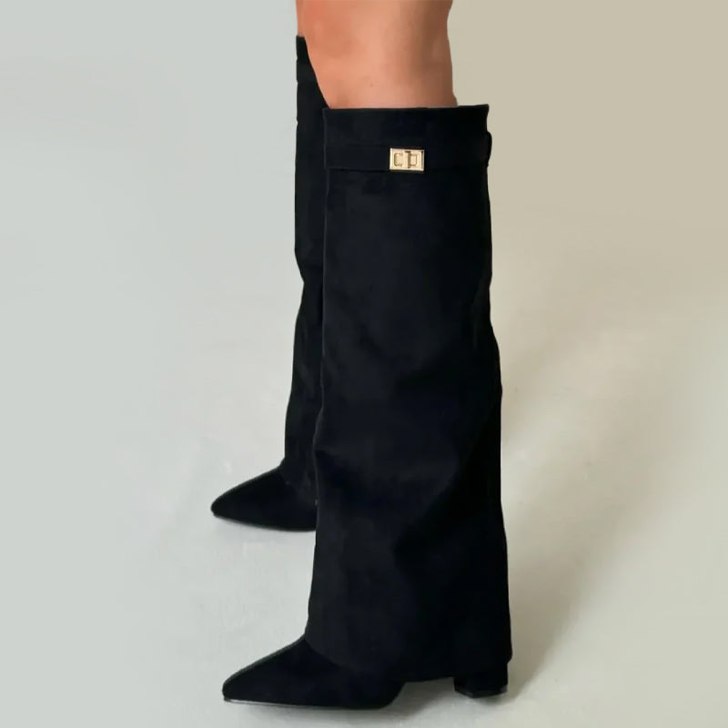 Knee-High Suede Boots for Women with Fold-Over Cuff and Chunky Heels