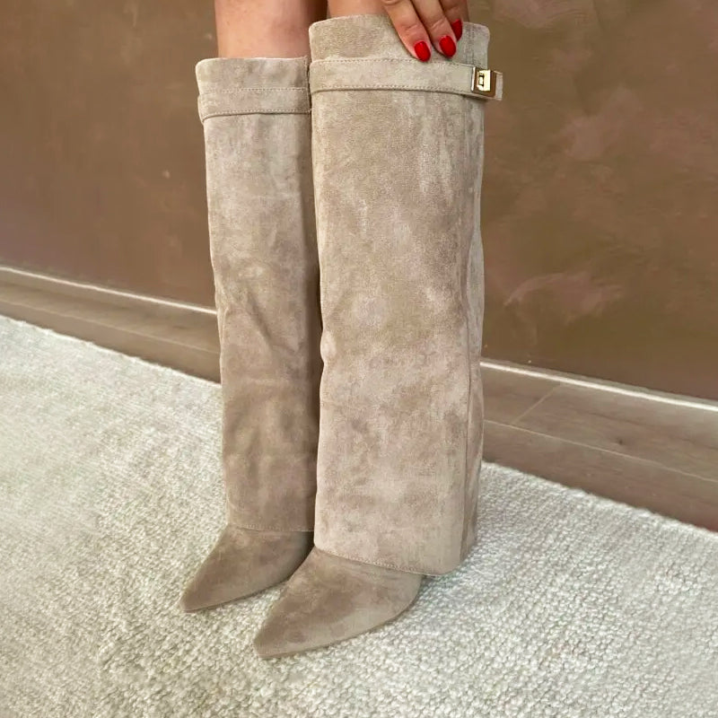 Knee-High Suede Boots for Women with Fold-Over Cuff and Chunky Heels