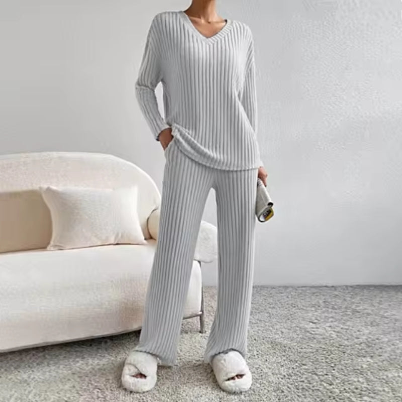 Women’s Ribbed Two-Piece Lounge Set – Relaxed Fit V-Neck Sweater and Trousers