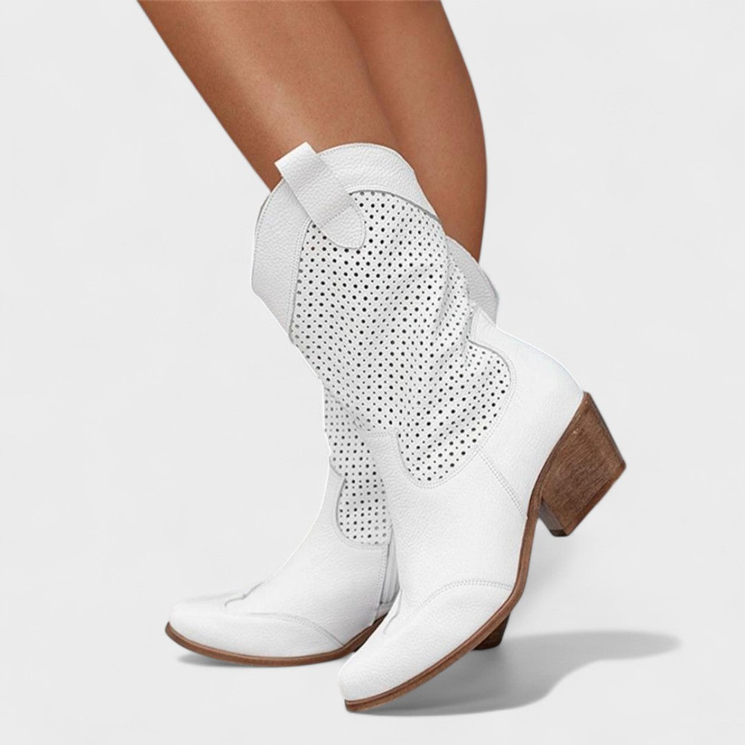 Women’s Western Ankle Boots – Perforated Suede Style Low Heel Pull-On Boots