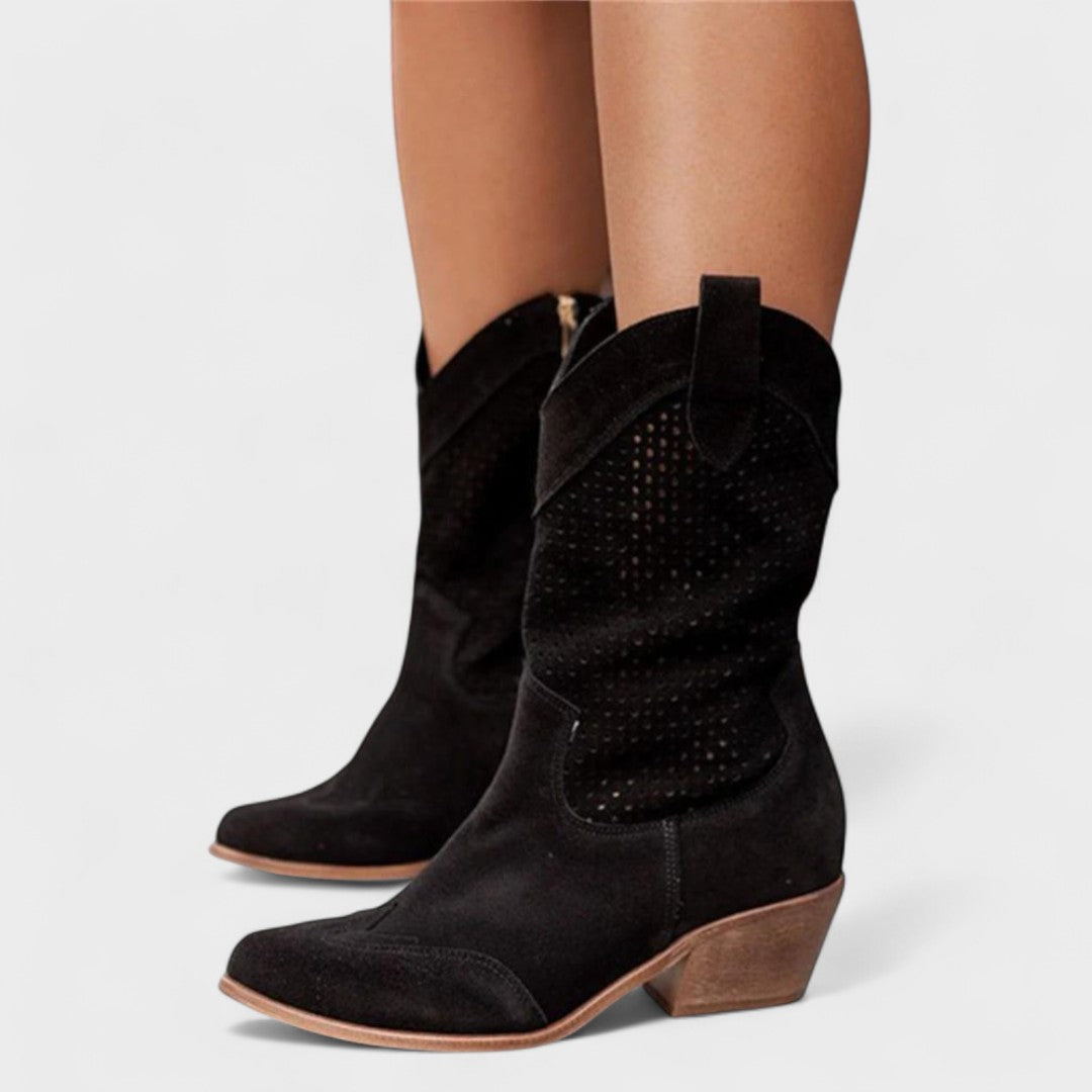 Women’s Western Ankle Boots – Perforated Suede Style Low Heel Pull-On Boots