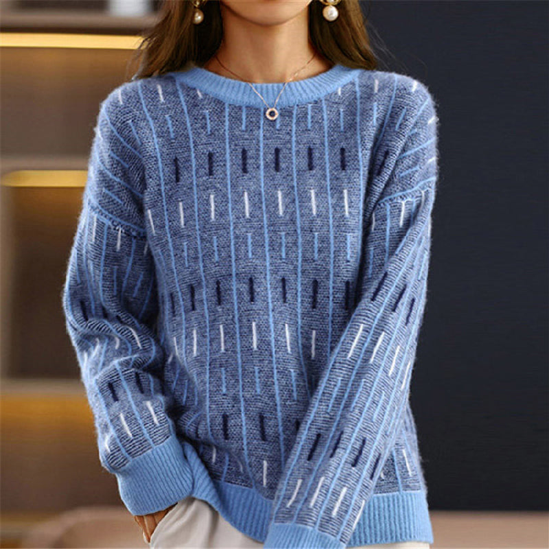 Women’s Retro Knit Jumper – Relaxed Polyester Crew Neck Sweater