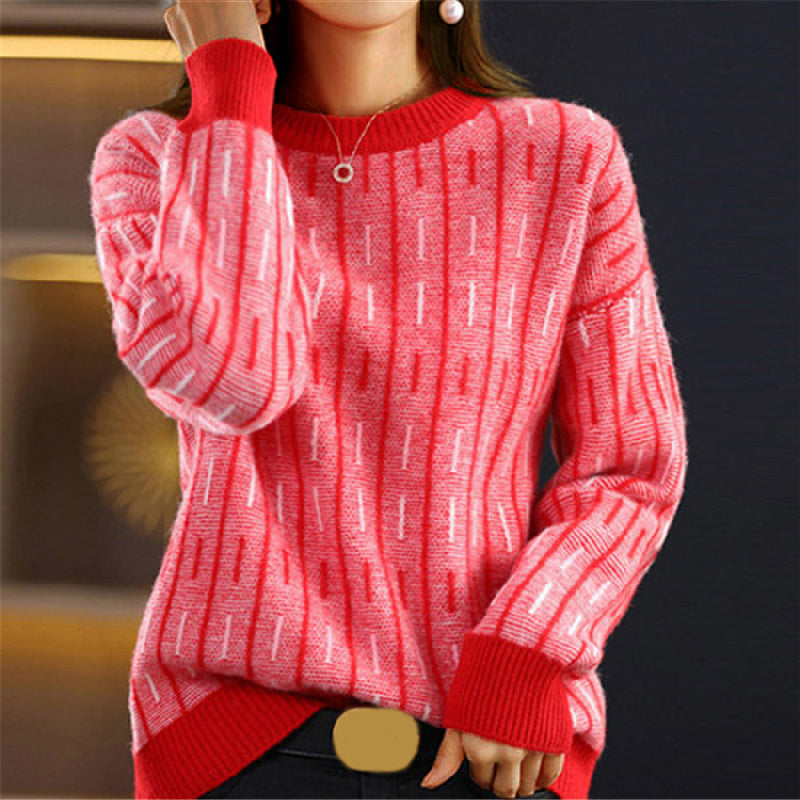 Women’s Retro Knit Jumper – Relaxed Polyester Crew Neck Sweater
