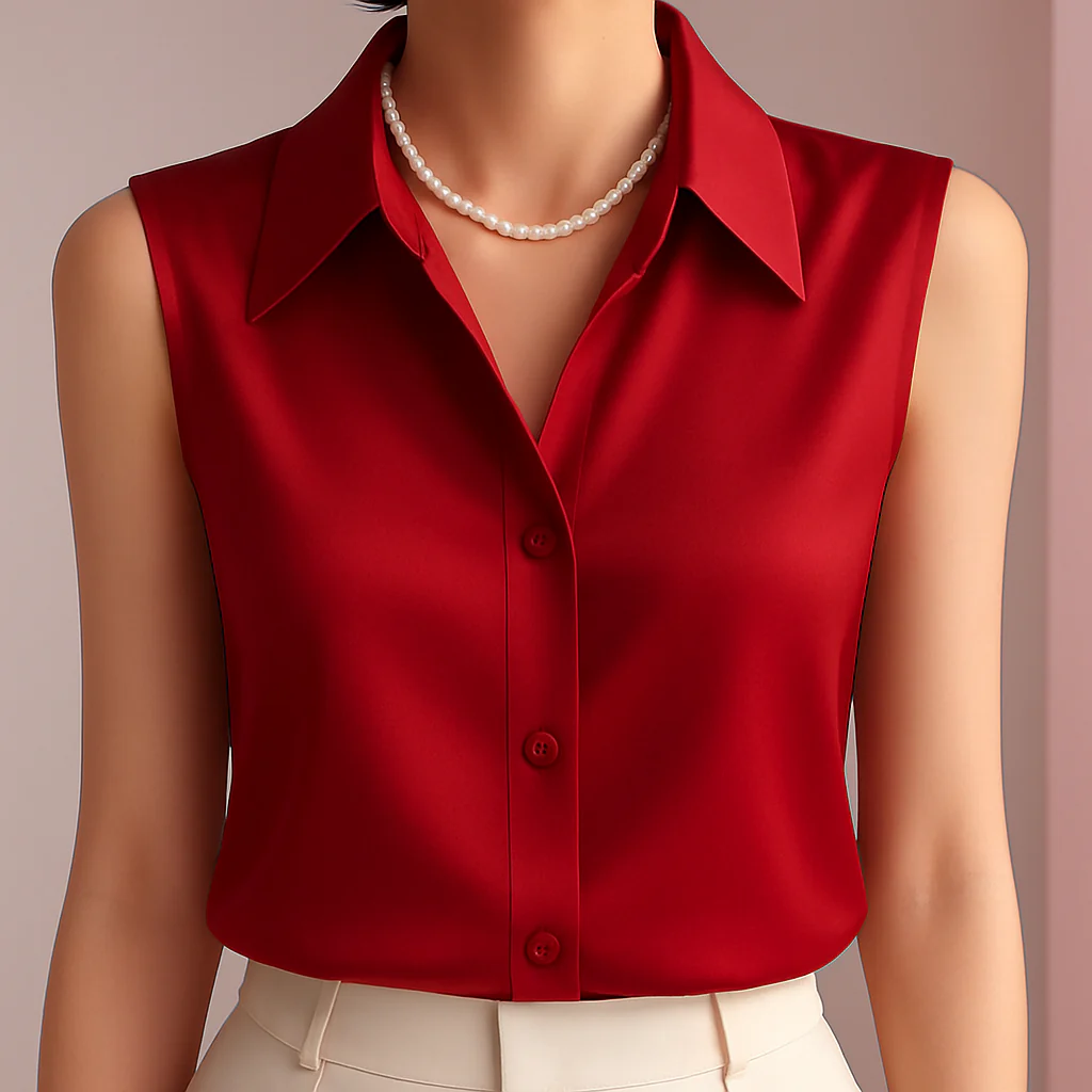 Women’s Sleeveless Satin Button Blouse – Elegant Collared Top