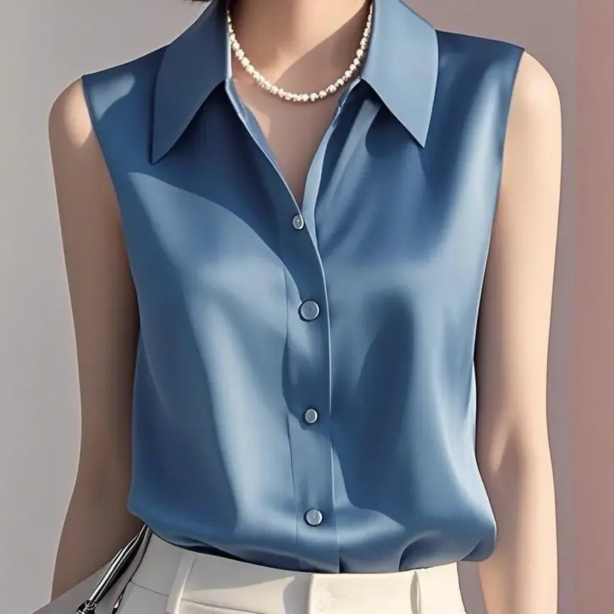 Women’s Sleeveless Satin Button Blouse – Elegant Collared Top