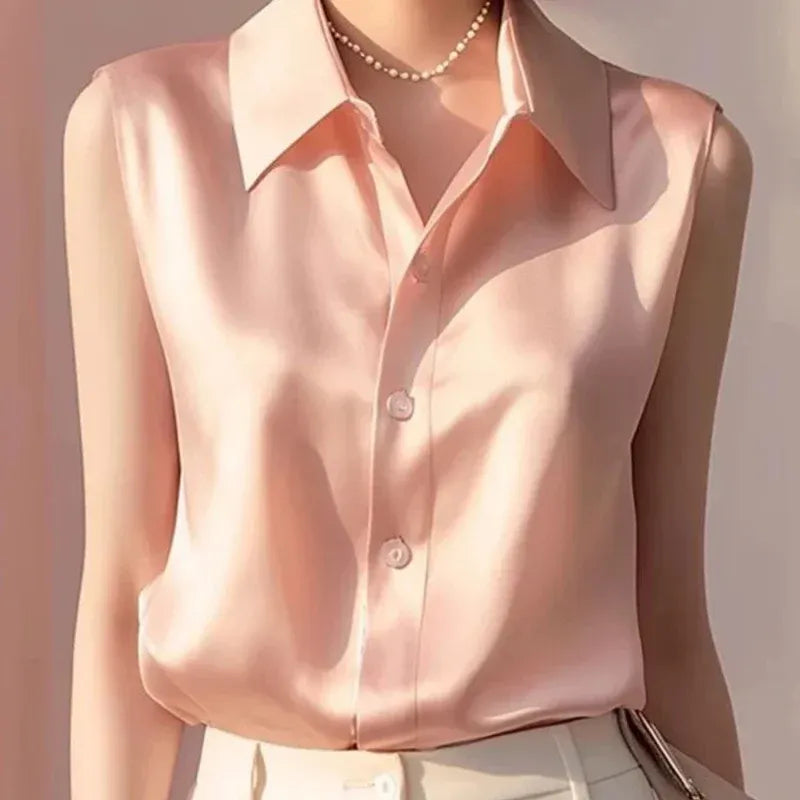 Women’s Sleeveless Satin Button Blouse – Elegant Collared Top