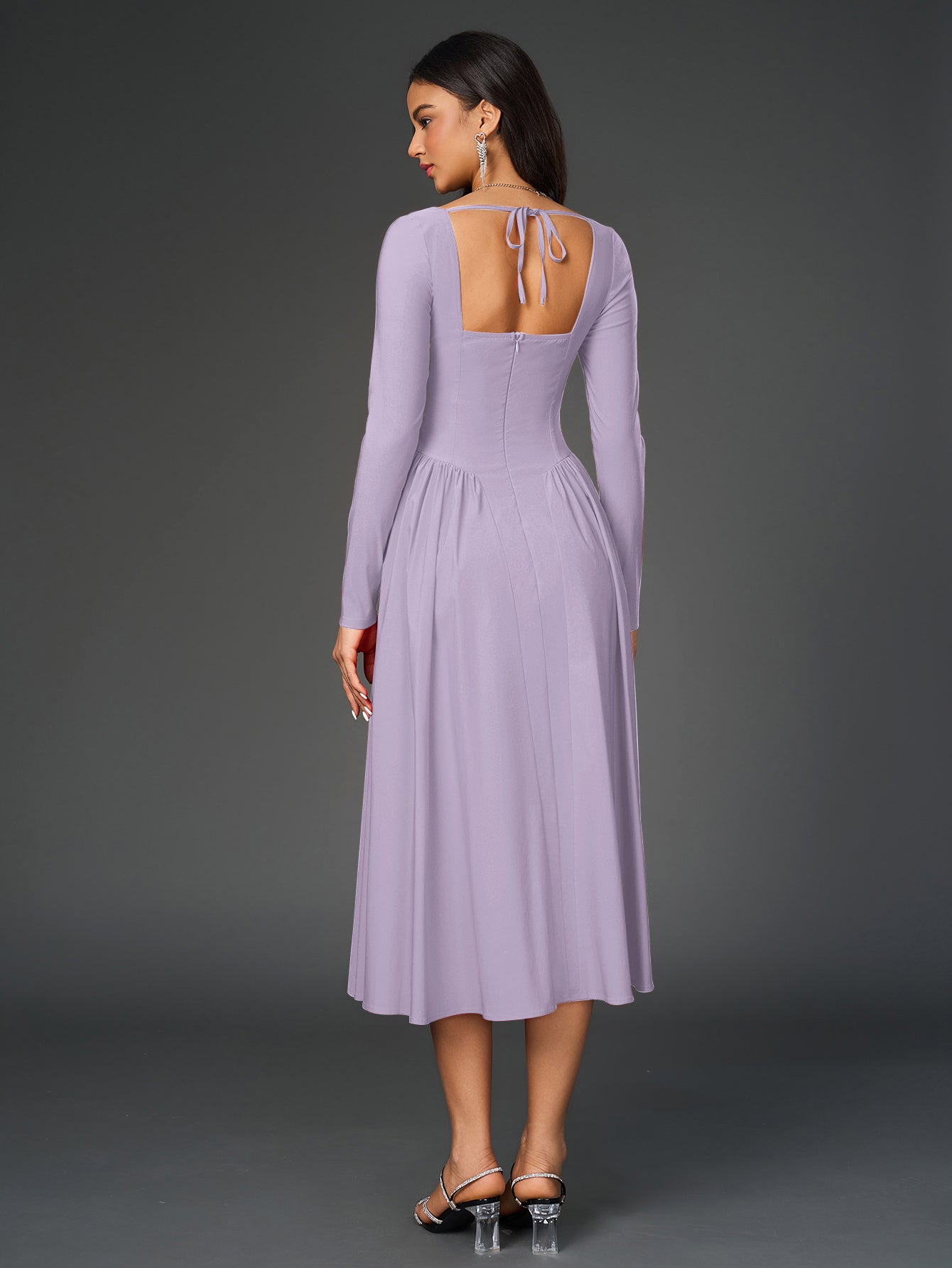 Long Sleeve Tie Back A-Line Dress – Elegant Maxi with Sweetheart Neckline & Ruched Detail